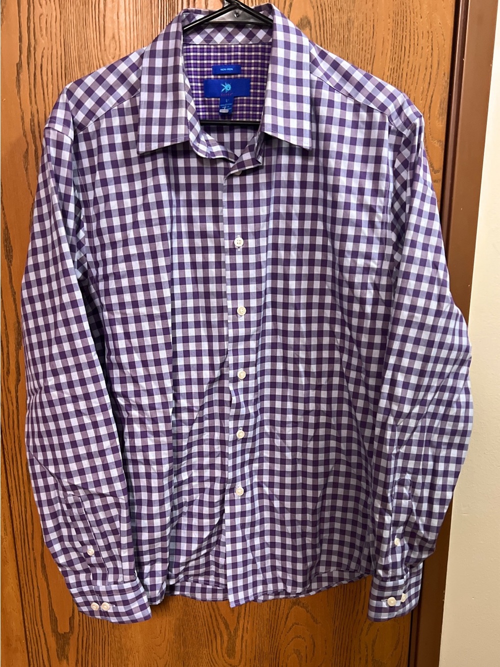Egara Mens Non Iron Slim Fit Shirts Purple Blue Check Size Large Long Sleeve